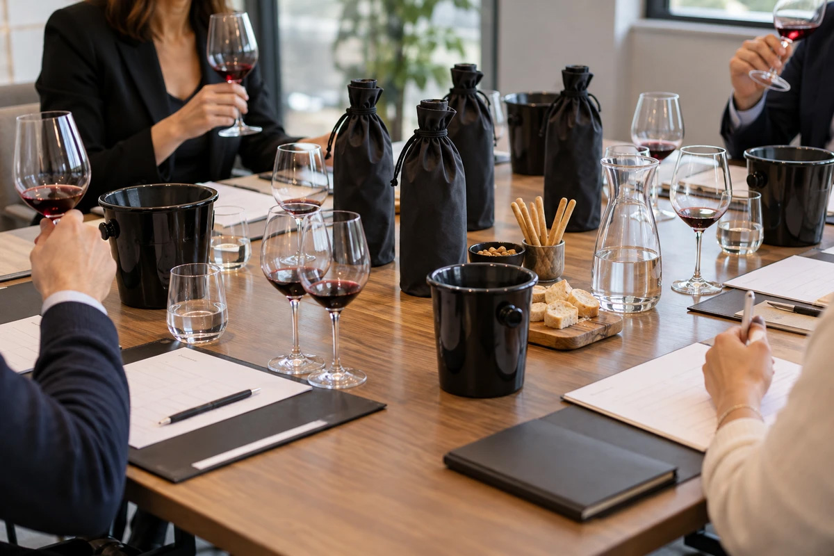 Des collaborateurs participent à une dégustation de vin à l’aveugle autour d’une table avec verres, bouteilles masquées et fiches.