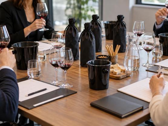 Des collaborateurs participent à une dégustation de vin à l’aveugle autour d’une table avec verres, bouteilles masquées et fiches.